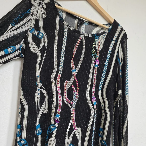 AZI Jeans Sheer Mesh Belt Print Beaded Y2K Top Size M - Picture 8 of 16